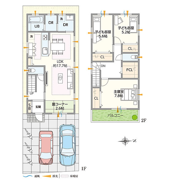 【参考プラン図/3号地】暮らしのメインとなるLDKは約17.7帖。気軽に腰を下ろしてリラックスできる畳コーナーも設置しています。全居室2面以上採光の設計です。≪建物面積:102.42m2≫