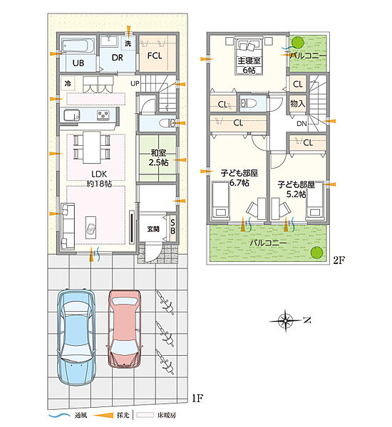 【参考プラン図/4号地】2面バルコニー付きの3LDKプラン。約18.0帖のLDKには、多用途に活用可能な和室が隣接しています。洗面横には、大容量のFCL付きです。≪建物面積:97.71m2≫
