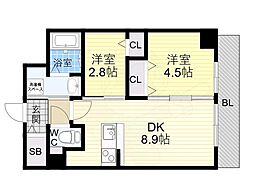 阪神本線 青木駅 徒歩6分の賃貸マンション 6階2DKの間取り