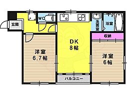 ヴェルエール長法寺 2DKの間取図画像