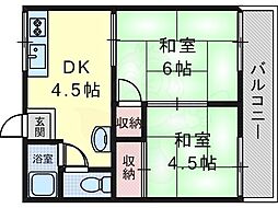 ハイツ西柿A棟 2階2DKの間取り