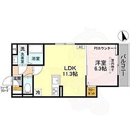 GRAMM御陵荒木C 2階1LDKの間取り