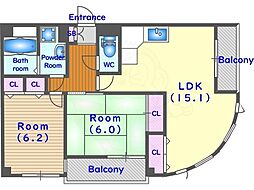 リヴェール上賀茂 1階2LDKの間取り