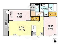 阪急京都本線 西院駅 徒歩5分の賃貸アパート 3階2LDKの間取り