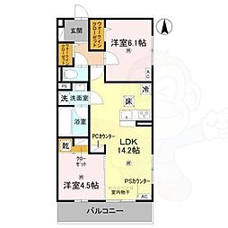 アレ・デ・フルール西向日駅前A棟 2LDKの間取図画像