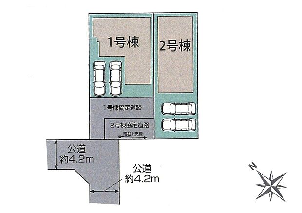 区画図:全2棟：並列2台駐車可能な駐車スペースございます（車種によります）