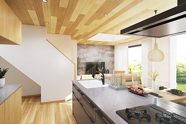 内装:対面キッチンがご家族の温かい時間を演出。まとめ買い派にも嬉しいパントリー収納ございます。※家具備品等はイメージです。