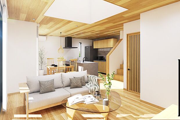 内装:明るい光が降り注ぐ上部吹抜仕様のLDK。ご家族と顔を合わせる機会が自然と増えるリビングイン階段です。※家具備品等はイメージです。