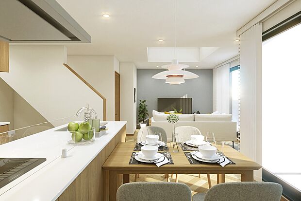 内装:リビングイン階段で対面式キッチン　ご家族の自然なふれあいを重視したプラン＾＾　※家具備品等はイメージです。