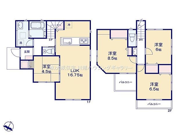 間取り2面バルコニーでプライバシーの確保や家事分担も可能です。