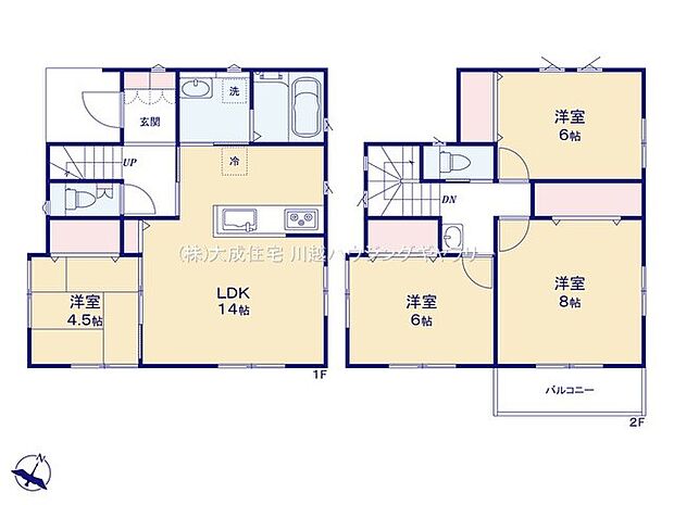 間取り1号棟：水廻りが集中した動線良好な間取り。