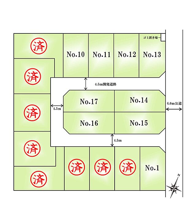 区画図:全17区画：敷地を無駄なく活用できる整った区画。