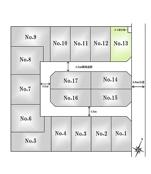 区画図:13区画：角地。2面を道路に面している為、解放感のある区画です。