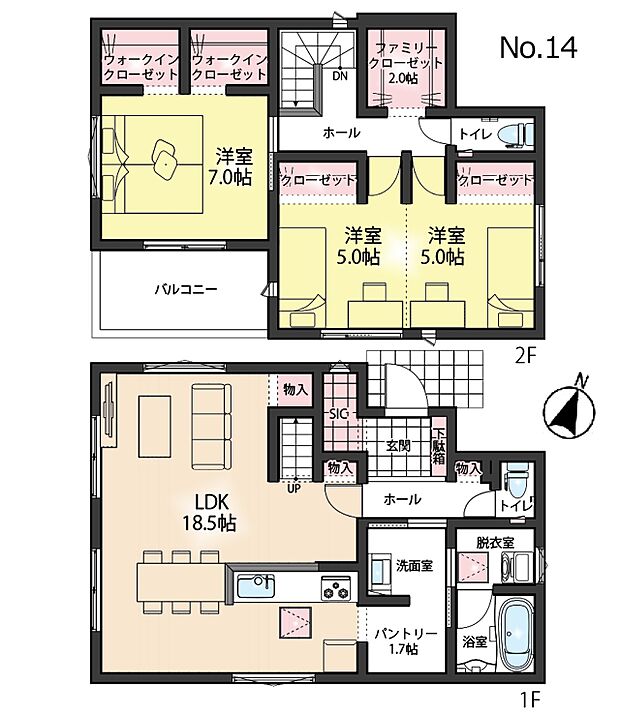 間取り14号棟：間仕切り設置で2部屋に分けても利用できる洋室ございます。