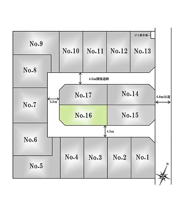 区画図:16区画:角地。2面を道路に面している為、解放感のある区画です。