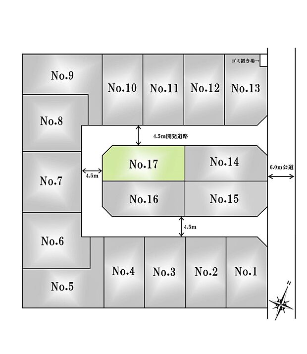 区画図:17区画:角地。2面を道路に面している為、解放感のある区画です。