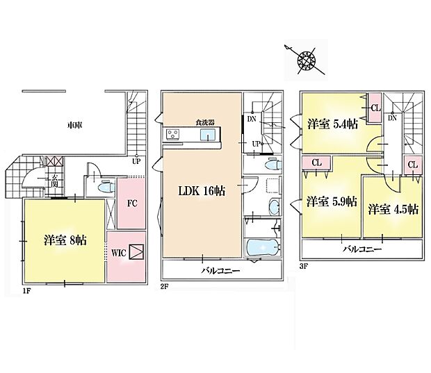 間取り収納スペースが充実しております。ウォークインクローゼットなどの大型収納もございます。