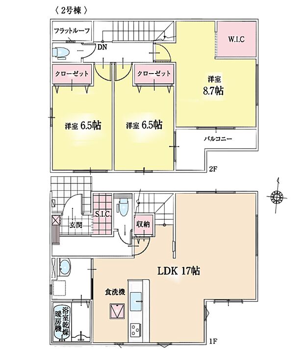 間取り2号棟：全居室6.5帖以上のゆとりあるお住まい。