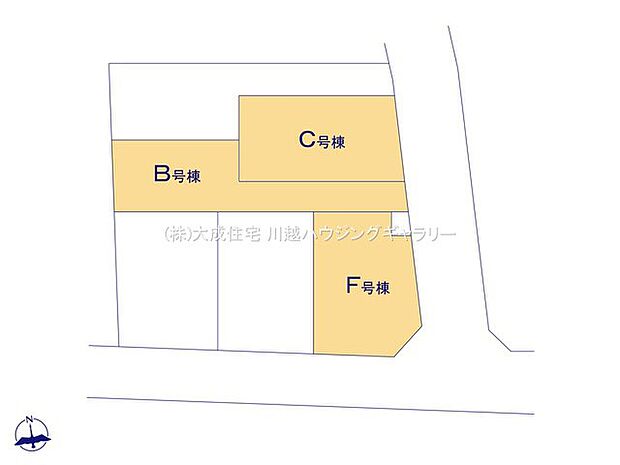 区画図:全6棟：商業施設が徒歩圏内にある住宅街に並びます。