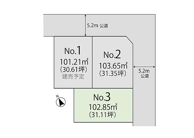 区画図:3区画：間取りプランの考えやすく、敷地を無駄なく活用できる整った区画です。