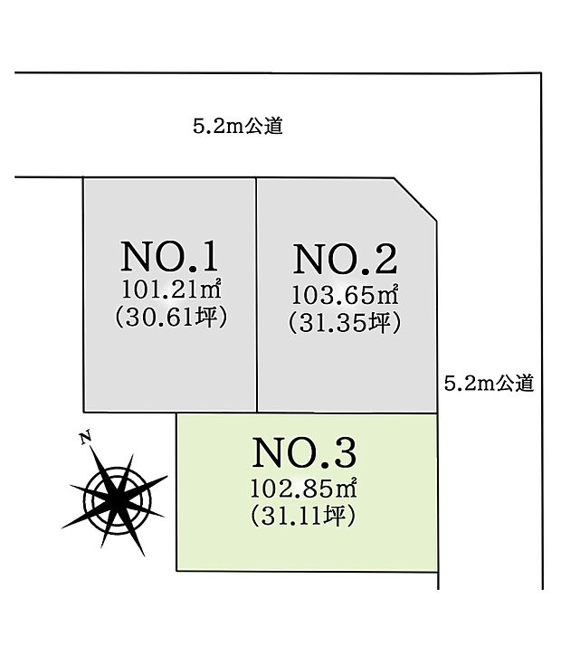 区画図:3区画:間取りプランの考えやすく、敷地を無駄なく活用できる整った区画です。