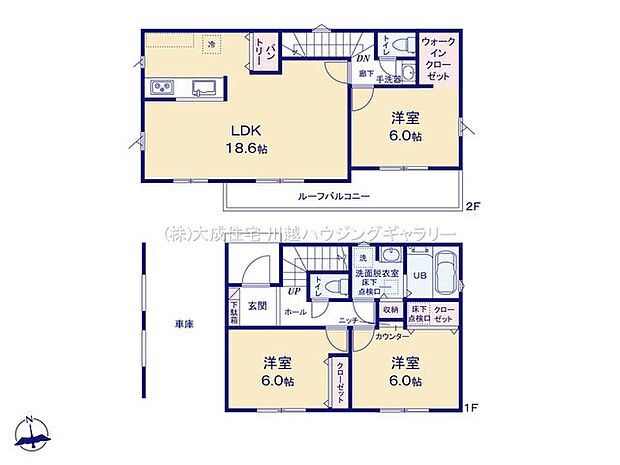 間取り1号棟:全居室、陽当たり良好な南側に面しています。