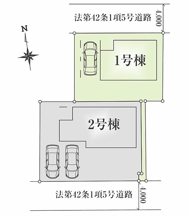 区画図:1号棟:2面道路に面した区画です。