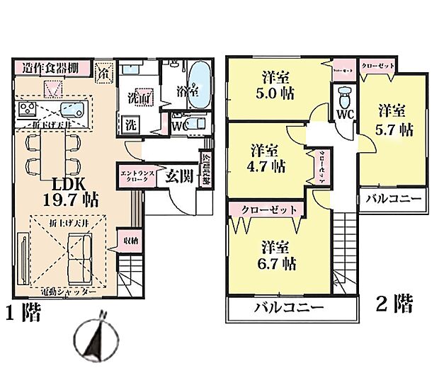 間取りLDKから洗面室や階段へアクセスできる、動線良好な間取り。