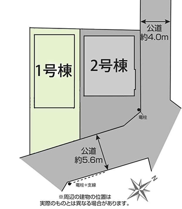 区画図:1号棟：南東側道路に面した陽当たり良好な区画。