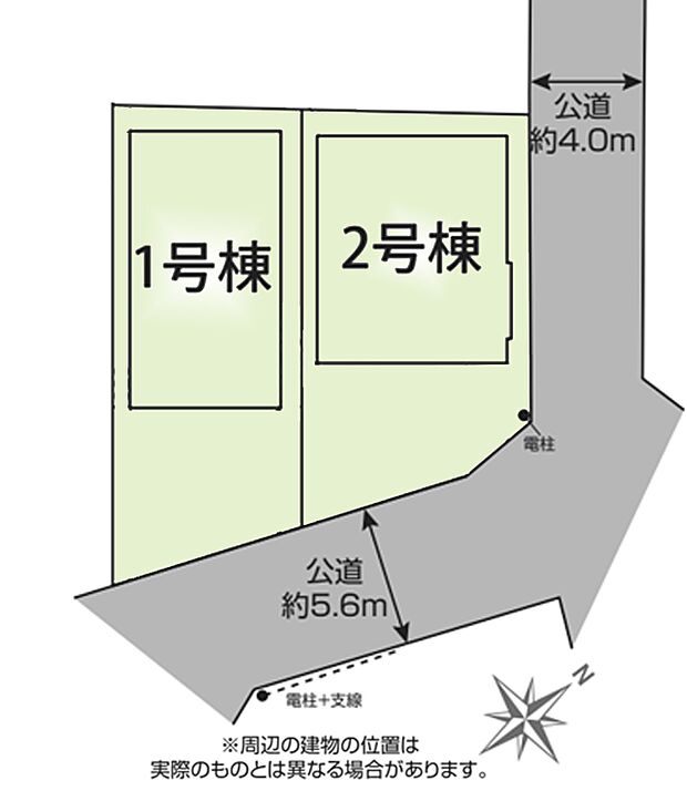 区画図:全2棟：ゆとりある前面道路でお車の出し入れが楽に可能です。