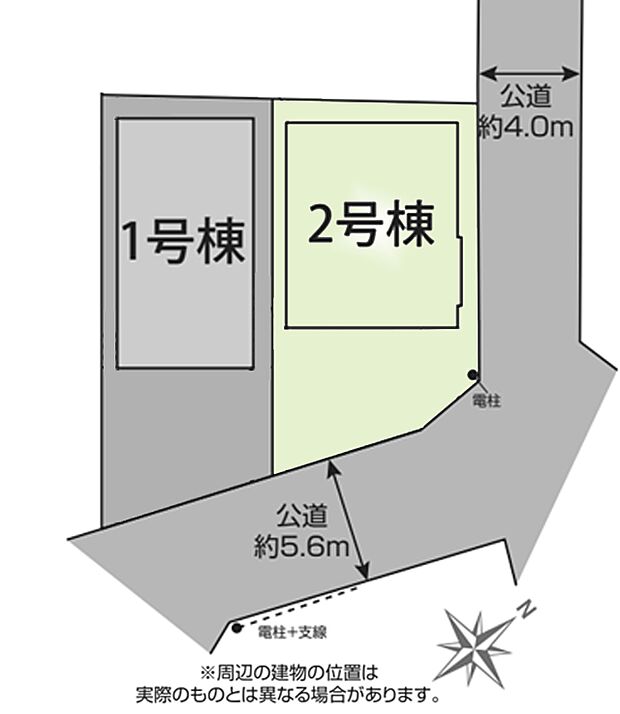 区画図:2号棟：開放的な角地にございます。