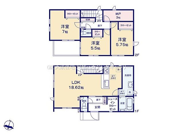 間取り2号棟：2部屋から出入り可能なバルコニー。
