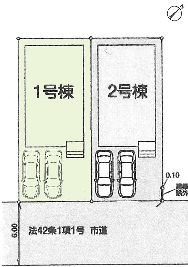 区画図:1号棟：カースペース2台分あり！（車種による）