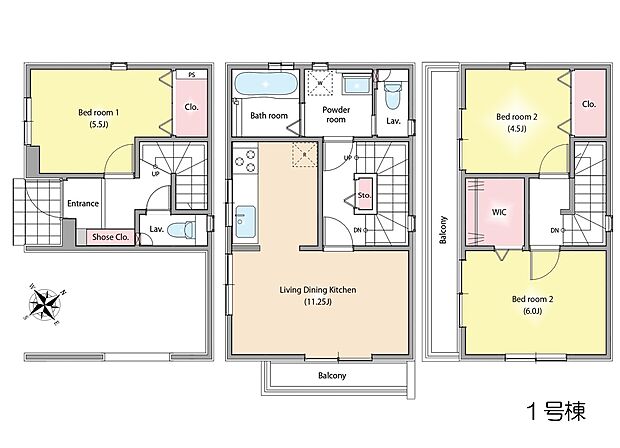 間取り1号棟：プライバシーや採光を確保できる2階リビング。