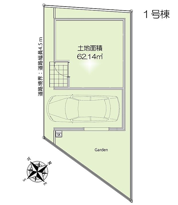 区画図:1号棟：南側から陽ざしを取り込む区画。庭ございます。