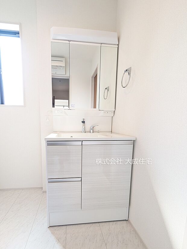 内装:1号棟：収納付き洗面化粧台。