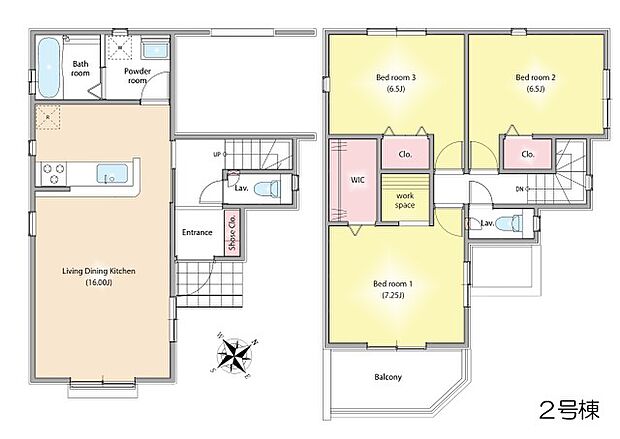 間取り2号棟:水廻りが集中した生活動線良好な間取り。