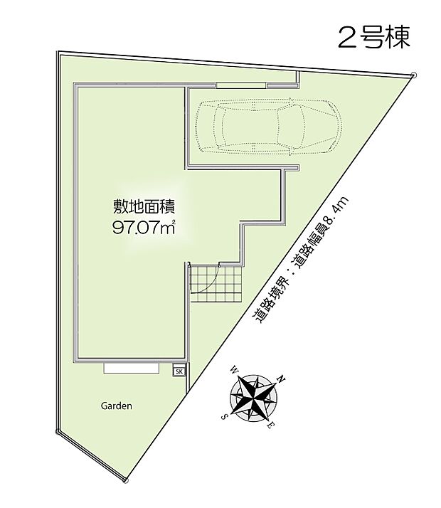 区画図:2号棟:広々とした前面道路に面しております。