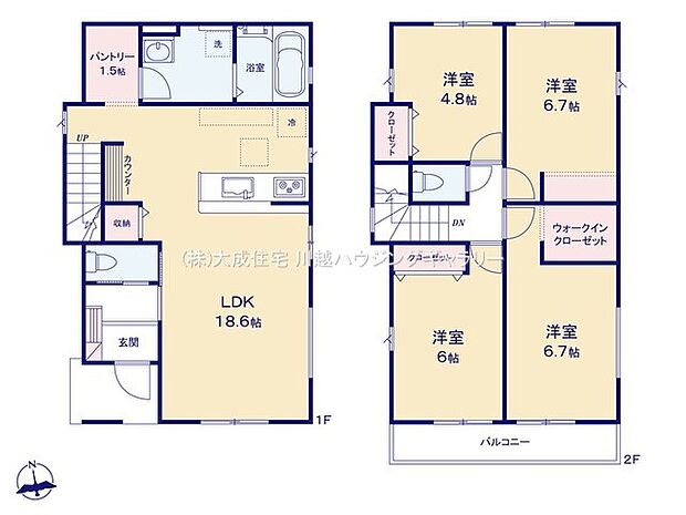 間取り1号棟：全居室2面採光・収納スペースがある4LDＫの間取り。