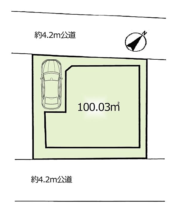 区画図:2面を道路に面した、陽当たり・通風共に良好なお住まいです。