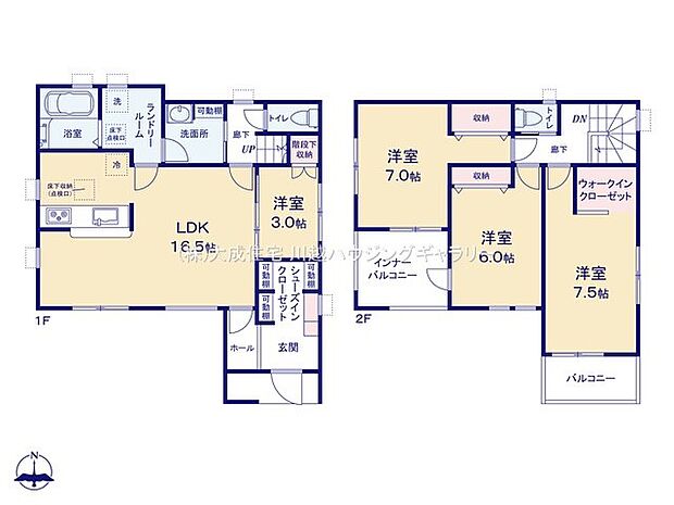 間取り1号棟：2階全居室6帖以上でゆとりある自分時間をお過ごしいただけます。