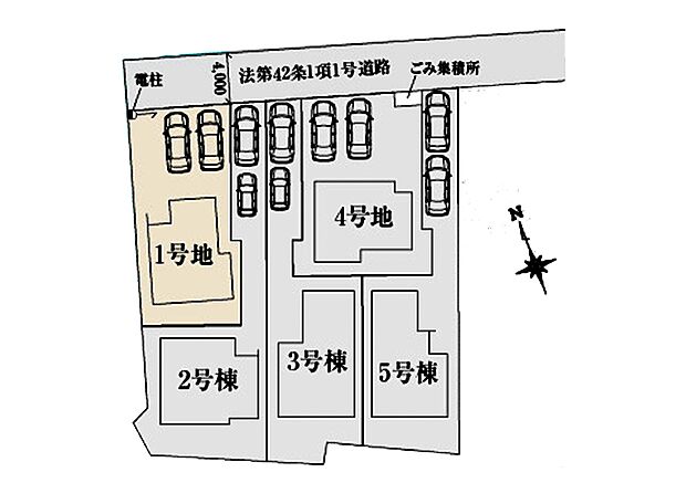 区画図:1号棟：並列駐車2台可能なゆとりございます！