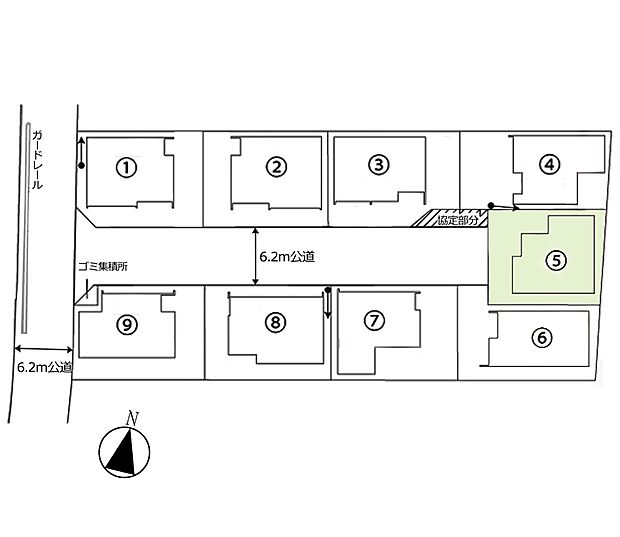 区画図:5号棟:2台分駐車が可能なスペースを確保した区画。