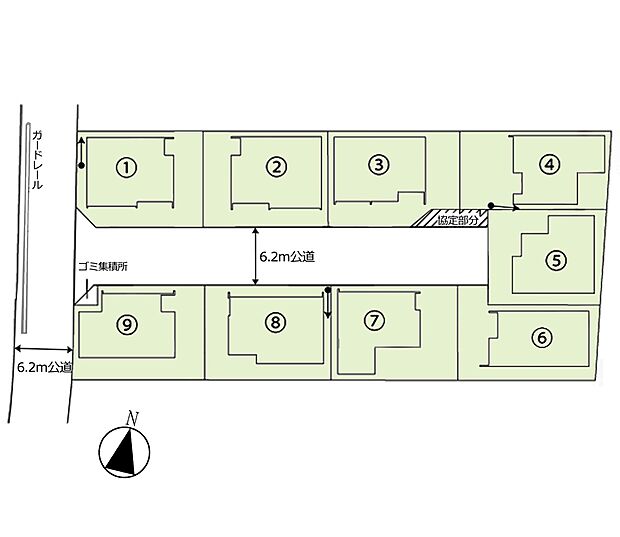 区画図:全9棟:小学校が徒歩1分の好立地に建つお住まい。