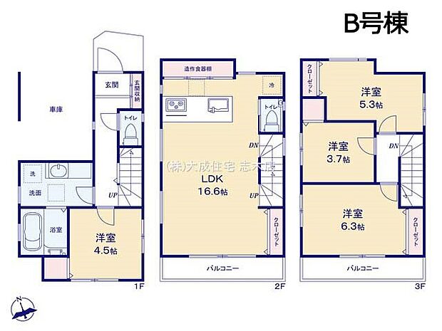 間取りB号棟:バルコニーに面した2階リビングで陽当り・風通し共に良好!