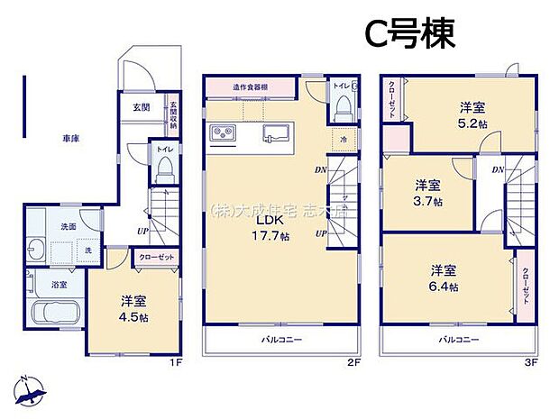 間取りＣ号棟：ＬＤＫ17.7帖で家具を置いてものびのびお過ごしいただけます＾＾