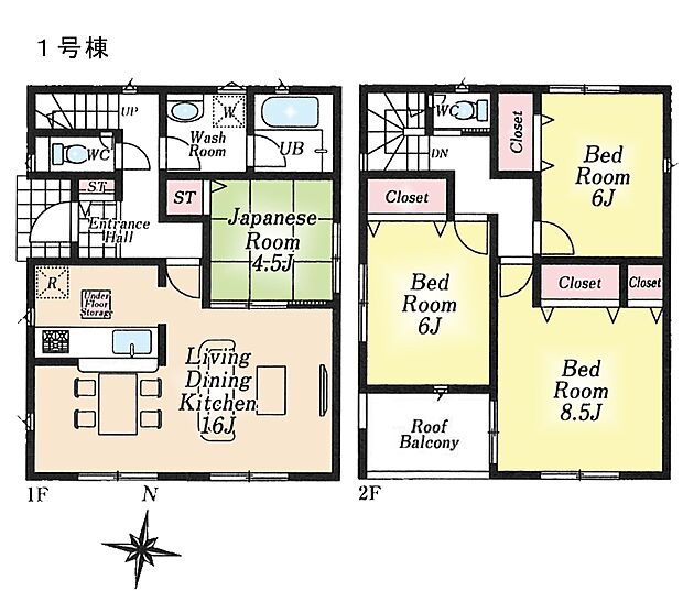 間取り1号棟：2階全居室6帖以上とゆとりあるスペースデうs。