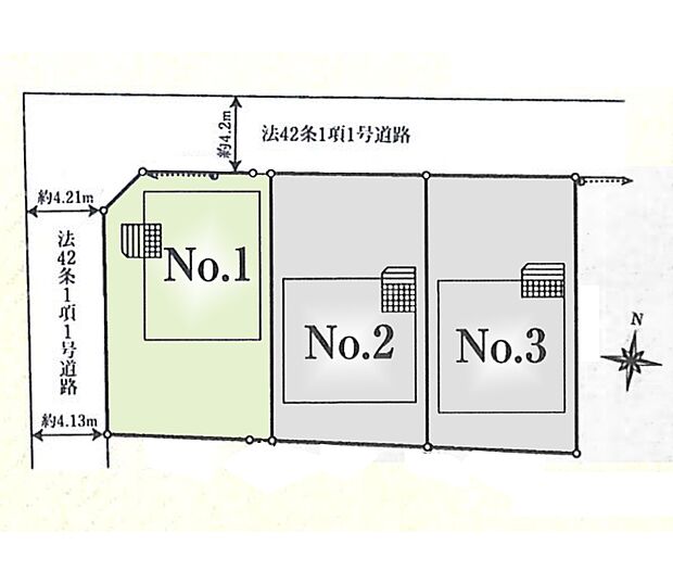 区画図:1号棟：採光良好な角地に建つお住まいです。