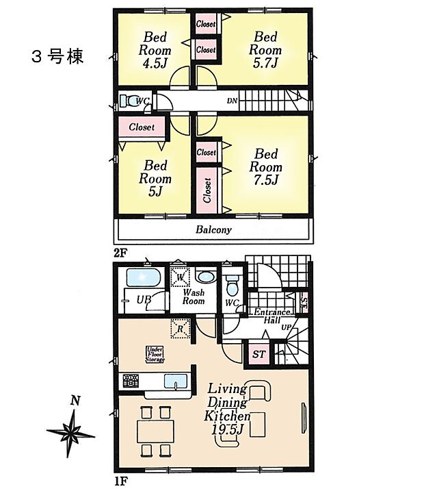 間取り3号棟:広々とした7.5帖の主寝室がございます。