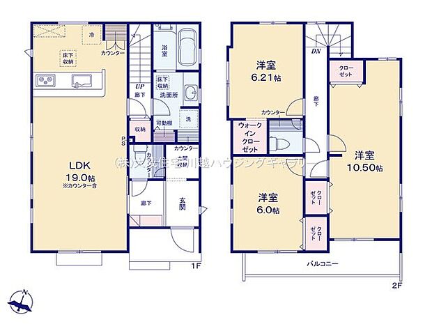 間取り1号棟：広々としたLDＫを通って2階へ上がるリビングスルー階段。